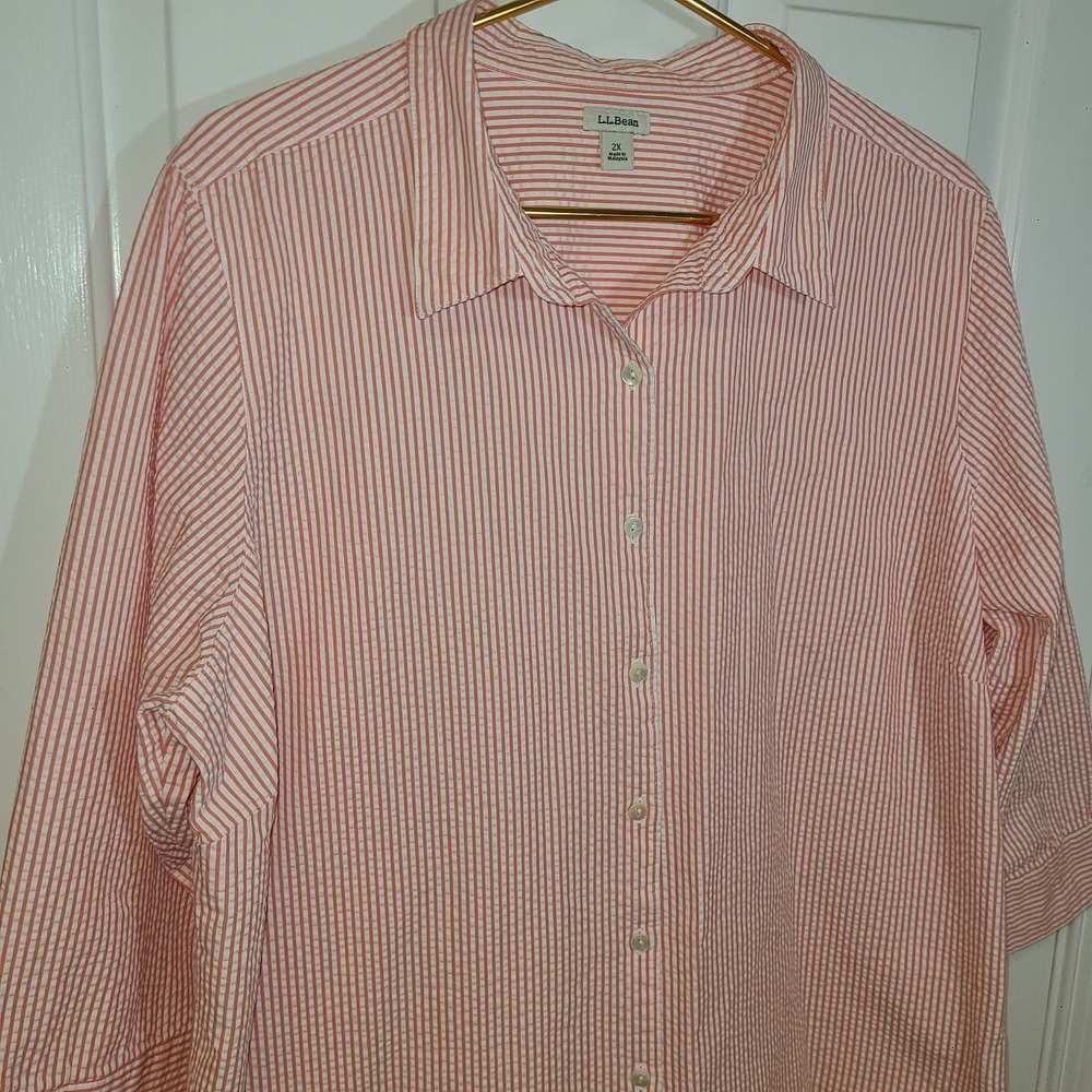 LL Bean Shirt Women 2XL Pink Candy Stripe Seersucker All Cotton Coastal Resort